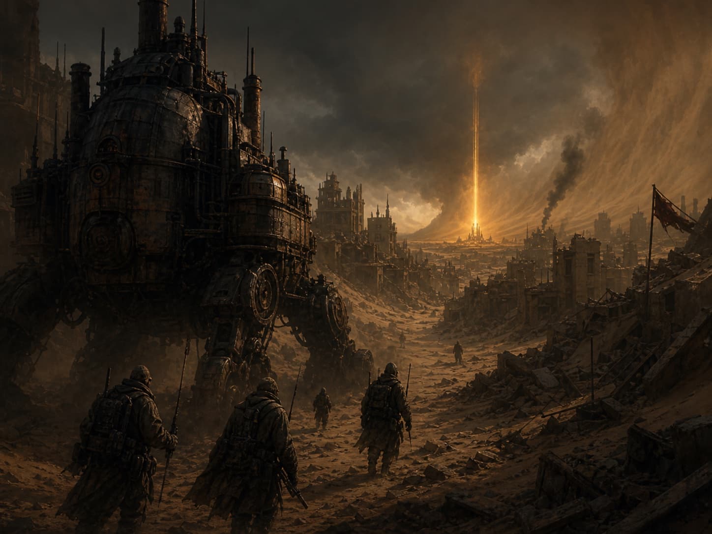 Raiders guiding a Trampler through ruins toward an amber extraction beacon