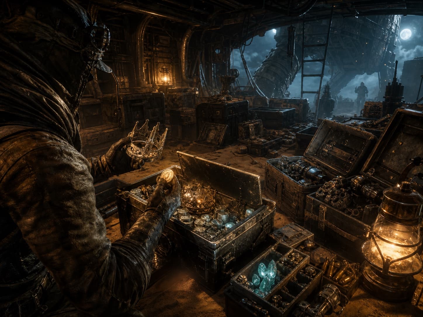Battered lockboxes opened inside a Trampler cargo deck with crowns, silver and parts