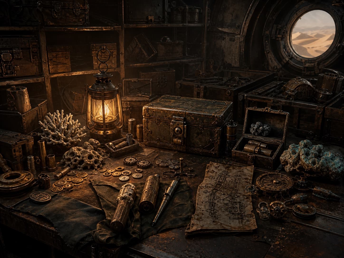 Loot, coins, lockboxes and crafting parts sorted on a Trampler workbench