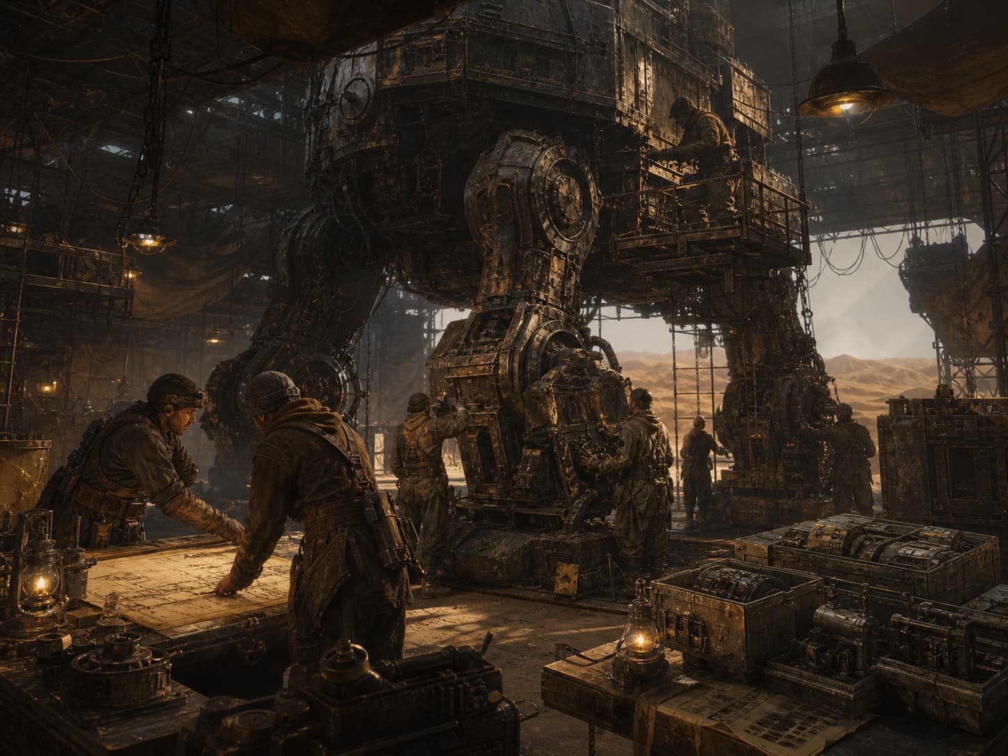 Scavengers inspecting Trampler legs and chassis modules in a desert hangar