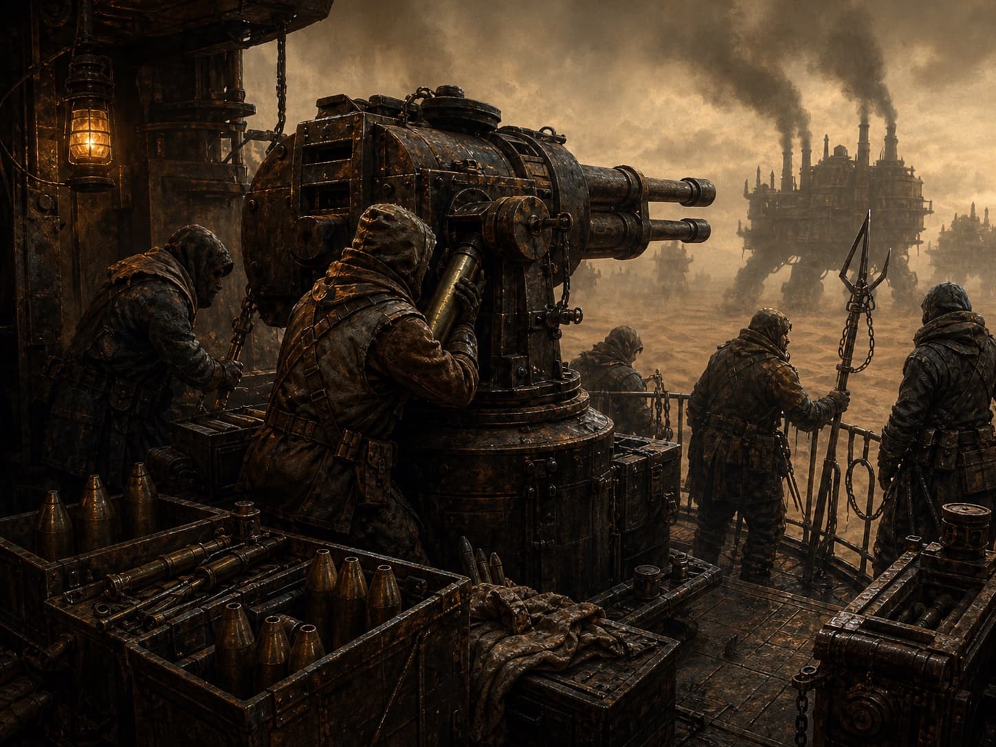 Raiders loading shells into a heavy Trampler turret before combat